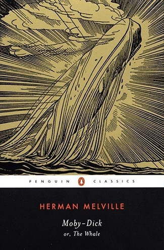 Illustrated cover of "Moby-Dick" by Herman Melville shows a large whale breaching the ocean, with rays of light and stylized waves, as featured in Podcast #1, published by Penguin Classics.