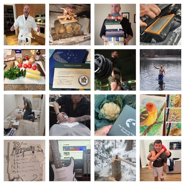 A collage of sixteen photos showing various activities, including cooking, exercising, reading, carpentry, swimming, crafting, and spending time with family and pets—capturing the spirit of The Strenuous Life ahead of Summer 2025 Enrollment.