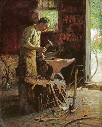 A painting capturing the essence of blacksmithing as a skilled artisan crafts an object on an anvil.