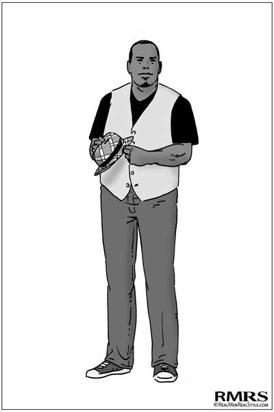 Man wearing a hat with a vase coat illustrated by RMRS.