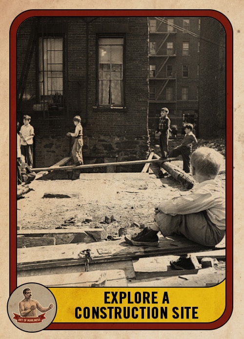 Vintage boys playing on a construction site.