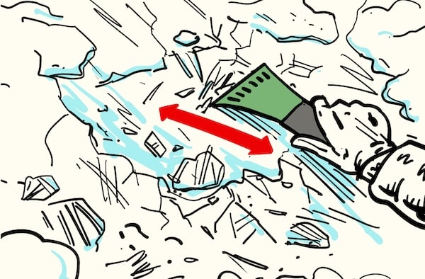 Illustration of water flowing forcefully from a green hose to de-ice a windshield, with a red arrow indicating the direction of the water.