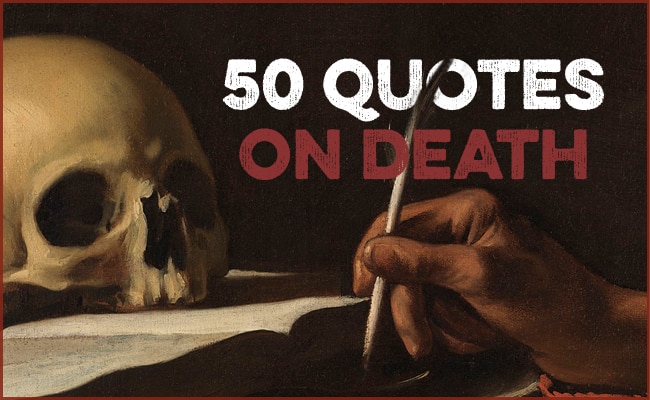 A human hand writing with a quill next to a skull, with the text "50 Thought-Provoking Quotes About Death" in bold letters.