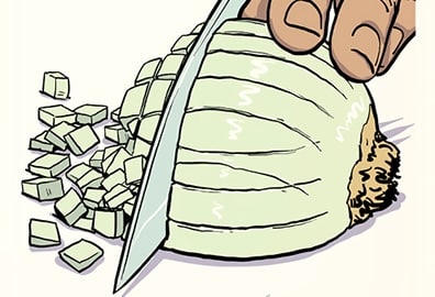 Illustration of a hand expertly using a knife to dice an onion properly.