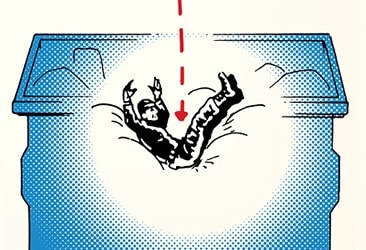 A stylized illustration of a person performing a Dumpster Jump into a dumpster.