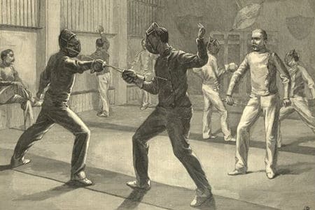 Vintage illustration fencing club men sparring.