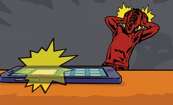 An illustration of a person frustrated or startled by a loud noise coming from a smartphone during Sunday Firesides.