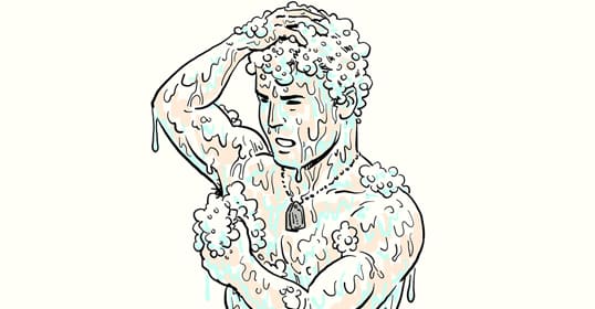Illustration of a man washing himself, covered in soap lather and water, wearing a dog tag necklace—demonstrating military shower steps for efficient water use.