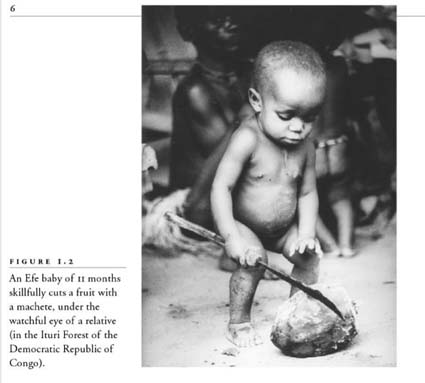 Young baby cutting fruit in Africa. 