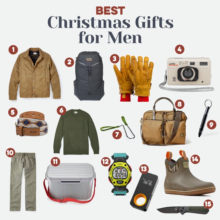 Top 15 collage of various gift ideas for men labeled for Christmas 2023, including clothing, accessories, and gadgets.