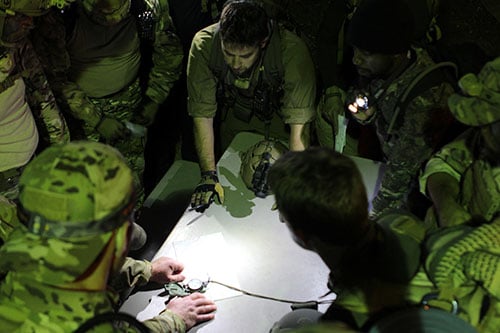 Commander preparing his team for the night mission.