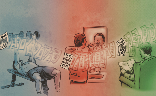 An illustration of a man working out in a gym, striving to become a better man through his Sunday Firesides routine.