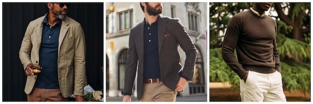 Showcasing men's fashion, these three men demonstrate how to wear a polo shirt: a beige blazer with navy polo, a brown checked blazer with navy polo, and a brown sweater over a white shirt paired with white pants.