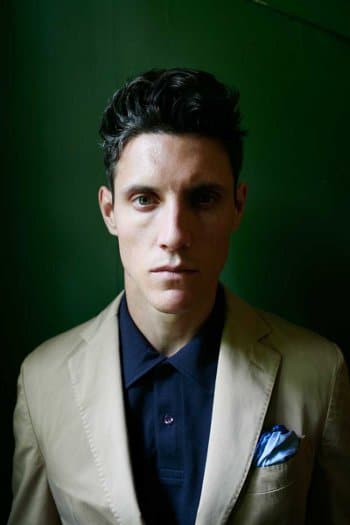 Male model wearing blazer with Polo button up shirt.