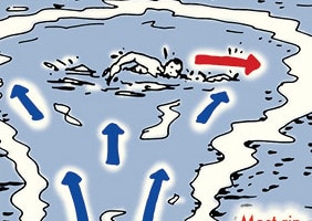 A swimmer performing the backstroke in a pool with directional arrows indicating the movement of water showcases the Skill of the Week.