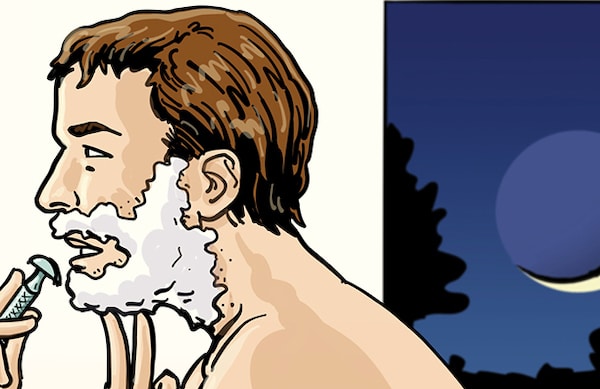 Man deciding whether to shave at night or morning with a razor.
