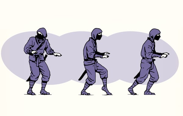 Three sequential illustrations of a person in a ninja costume showcasing different stealth walking poses.