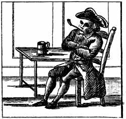 A black and white illustration of a man sitting at a table in Colonial America.
