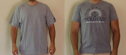 Mens wearing t-shirts one with design and other without design.