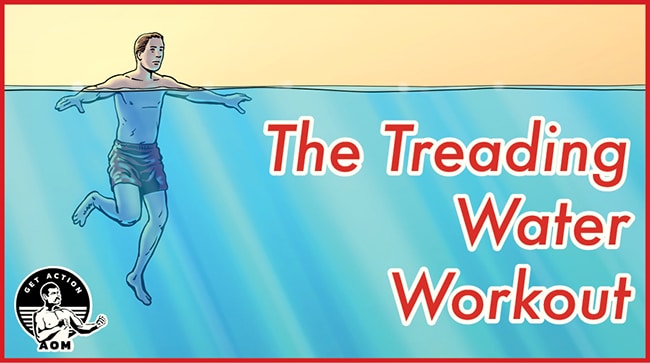 Illustration of a man treading water in a pool, with text reading "The Treading Water Workout," highlighting an effective aquatic fitness routine, and a small circular logo in the corner.