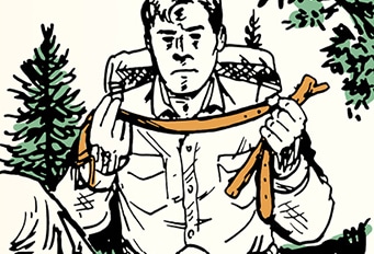 Man with a backpack holding a walking stick in a forest setting, demonstrating the Skill of the Week: how to apply a tourniquet.
