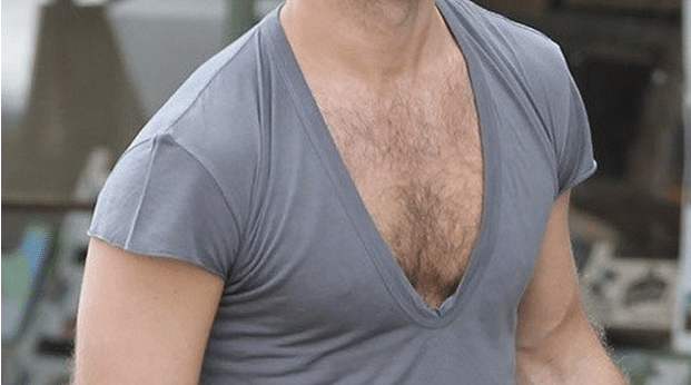 V-neck t-shirt, too deep, too low, man cleavage.