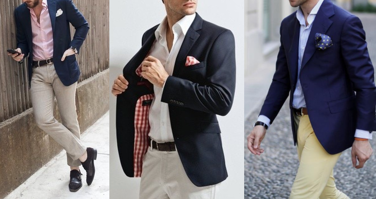 Navy blue blazer without a tie. 
