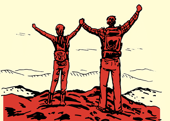 Two people standing on top of a mountain, raising their arms in celebration of their strong relationship.