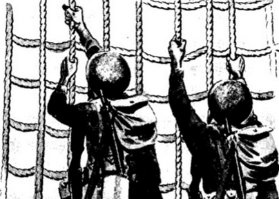 During WWII, two men are scaling the ship's ropes with impressive watermanship skills.